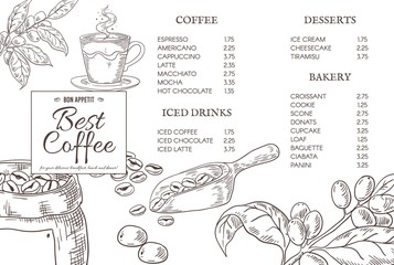 Coffee menu quotes. Hand drawn retro coffee elements for cafe poster. Vector graphic creative design template for restaurant or bar menus with espresso