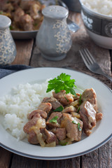 Sliced turkey thigh fillet meat, selective focus