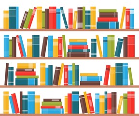 Book shelves with multicolored book spines. Books on a shelf. Vector illustration in flat style. - obrazy, fototapety, plakaty