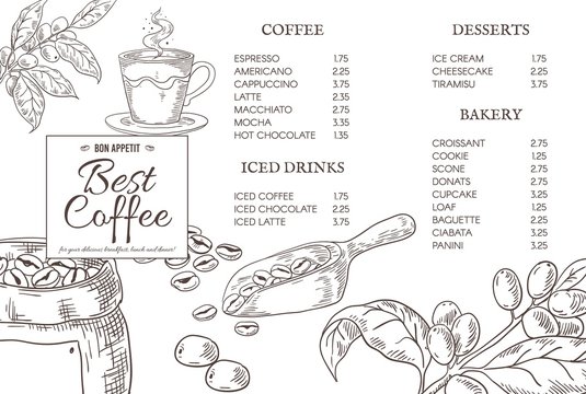 Coffee menu quotes. Hand drawn retro coffee elements for cafe poster. Vector graphic creative design template for restaurant or bar menus with espresso