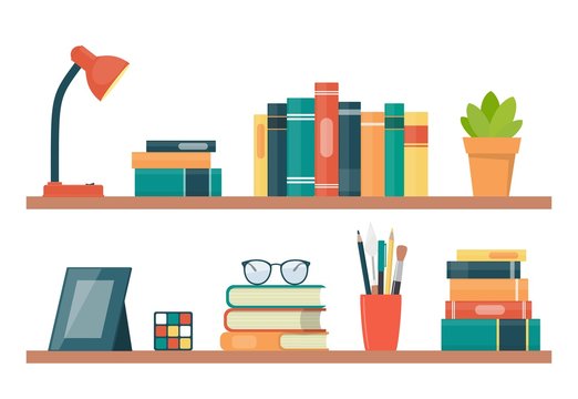 Book shelves with books and other objects. Book, lamp, potted plant, photo frame, rubik cube, glasses. Vector illustration in flat style.