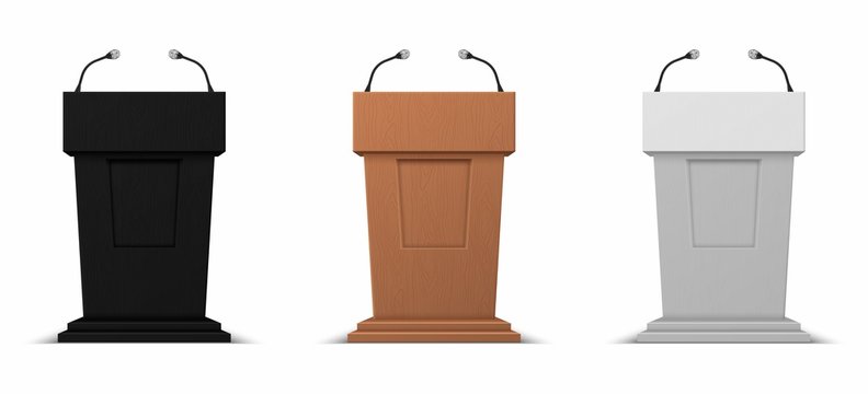 Realistic debate stage. Podium rostrum business presentation stand with microphones. Vector illustration isolated 3D conference speech tribune icons set on white background