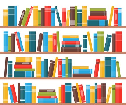 Book shelves with multicolored book spines. Books on a shelf. Vector illustration in flat style.