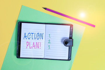 Text sign showing Action Plan. Business photo showcasing proposed strategy or course of actions for certain time Dark leather private locked diary striped sheets marker colored background