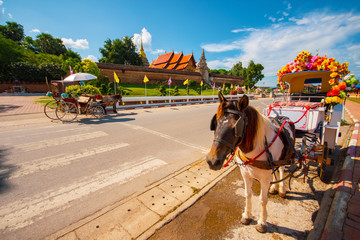 Naklejka na ściany i meble The horse carriage in Lampang at Wat Phra That Lampang Luang , Lampang province in LAMPANG THAILAND.