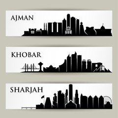 Middle East city skylines - Ajman, Khobar, Shajrah, UAE, United Arab Emirates, Saudi Arabia - vector illustration