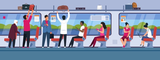 People in train. Public transport modern interior with different male and female cartoon characters on railroad. Vector urban people reading in subway near window against background nature flat banner