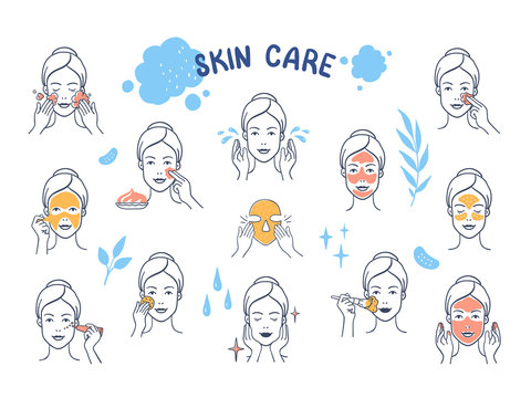 Hand drawn face care. Doodle skin facial mask and protection infographic elements, girl cartoon character. Vector skin care, procedures acne treatment, washes makeup, set on white background