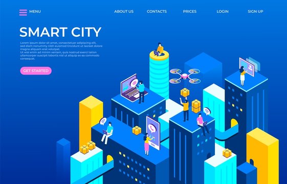 Isometric city landing page. Futuristic buildings transport and graphic gadgets with people characters in smart city. Vector illustration night technology web page manage networks information systems