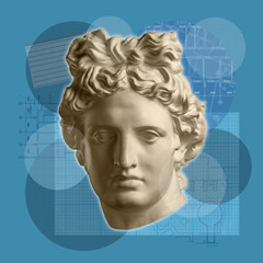 Contemporary art concept collage with antique statue head in a surreal style. Modern unusual art.