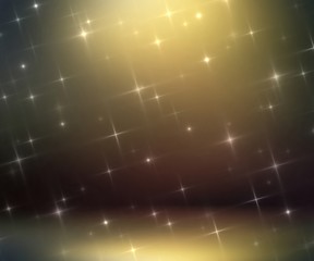 Stars sparkles on dark golden 3d background. Secret shine and shades on wall and floor. Defocused room illustration.