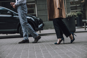 Stylish people walking down the street stock photo