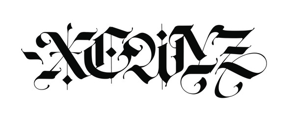 X, e, w, y, z in the Gothic style. Vector. Letters and symbols on a white background. Calligraphy with black marker. Medieval latin letters. Elegant font for tattoos. Ancient Germanic style.