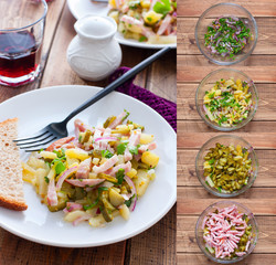 Collage step by step cooking potato salad with sausage and pickles, selective focus