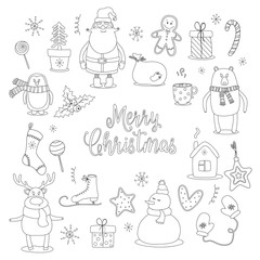 Doodle set of merry christmas and happy new year objects. Vector illustration.