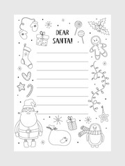 Cartoon Christmas wish christmas items. Coloring page. A letter to Santa Claus template. Christmas background with a place for Christmas gifts for Santa wish list. Vector illustration.