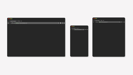 Modern dark mode browser window design isolated on white background. Web window screen mockup for Laptop, tablet and phone.