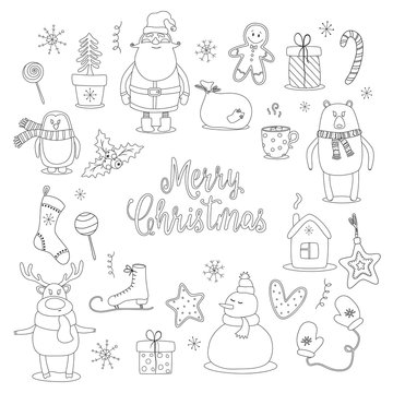 Doodle set of merry christmas and happy new year objects. Vector illustration.
