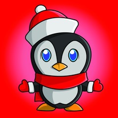 Illustration of cute cartoon penguin wearing a Christmas costume
