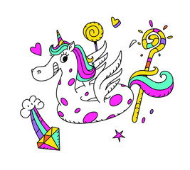 Illustration of a magical unicorn in the form of a rubber ring. Vector. Cartoon hero cute horse with wings. Kawaii character. Mythical creature, symbolizes chastity. Sticker for girls.