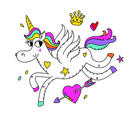 Illustration of a running magic unicorn with wings. Vector. Cartoon hero cute horse with a horn. Kawaii character. Mythical creature, symbolizes chastity. Sticker for girls.