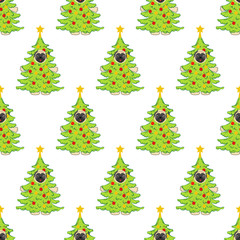 Pug in christmas tree costume seamless pattern