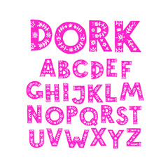 Alphabet of pink letters in a floral ornament. Vector. Letters in a vegetable pattern. Cartoon doodle style. English alphabet.