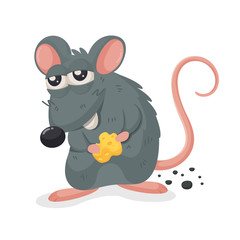 Dirty mouse. Vector cartoon mouse holding a stolen cheese cube.