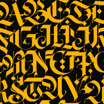 Pattern, ornament in the Gothic style. Vector. Alphabet. Symbols are yellow on a black background. Calligraphy and lettering. Medieval latin letters. Graphic elements. Elegant pattern for a tattoo.
