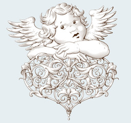 Elegant vintage cupid and heart for Valentine`s day and wedding. Vintage decorative element engraving with Baroque ornament