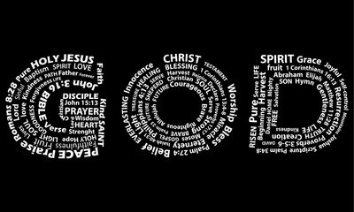 Word God in white written with christian words on black background. Christian background