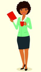 The concept, young black girl, the businessman. A girl with a Cup of coffee in her hand and reading a book. Business and Finance. Character. Flat style on white background. Cartoon.