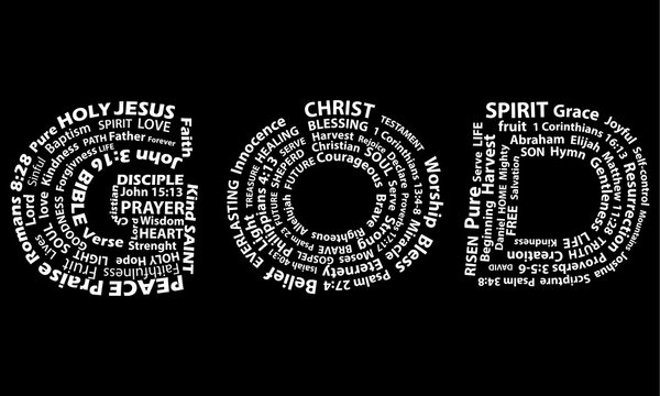 Word God In White Written With Christian Words On Black Background. Christian Background