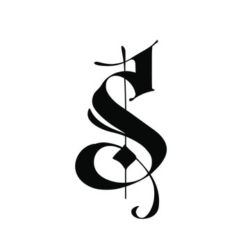 Letter S, in the Gothic style. Vector. Alphabet. The symbol is isolated on a white background. Calligraphy and lettering. Medieval Latin letter. Logo for the company. Monogram. Elegant font for tattoo