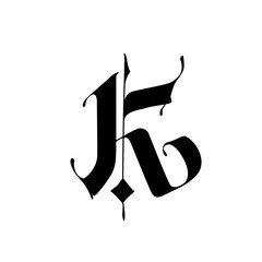 Letter K, in the Gothic style.   Alphabet. The symbol is isolated on a white background. Calligraphy and lettering. Medieval Latin letter. Logo for the company. Monogram. Elegant font for tattoo.