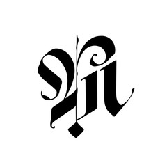 Letter M, in the Gothic style.  Alphabet. The symbol is isolated on a white background. Calligraphy and lettering. Medieval Latin letter. Logo for the company. Monogram. Elegant font for tattoo.