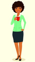 The concept, young black girl, the businessman. Girl with a cup of coffee in hand. Business and Finance. Character. Flat style on white background. Cartoon.