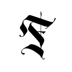 Letter F, in the Gothic style.  Alphabet. The symbol is isolated on a white background. Calligraphy and lettering. Medieval Latin letter. Logo for the company. Monogram. Elegant font for tattoo.