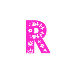 Letter R. Vector. Pink letter with ornament. Applique for clothes. Logo for the company.
