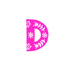 Letter D. Vector. Pink letter with ornament. Applique for clothes. Logo for the company.