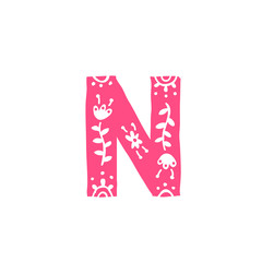 Letter N.  Pink letter with ornament. Applique for clothes. Logo for the company.