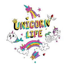 Fototapeta premium Illustration of a magic cat in the image of a mermaid and a unicorn in the form of a mermaid. Cartoon characters in a fabulous girl world. Kawaii characters. Mythical creatures. The life of unicorns.
