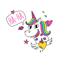 Illustration of a magic unicorn with colored mane. Cartoon character funny horse with a horn. Kawaii character. Existing mythical creature with a heart. Congratulations to the girls.