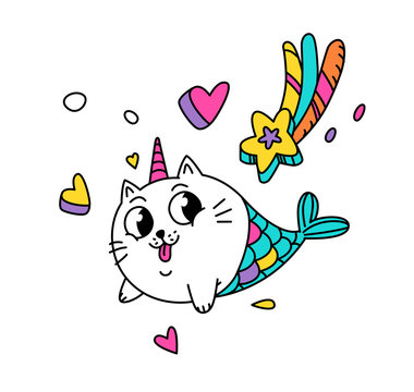 Illustration of a magic cat in the form of a mermaid.  Cartoon character pussy in the image of a unicorn with hearts and a star. Kawaii character. Mythical creature. Sticker for girls.
