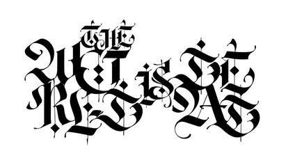 The inscription World of the Dead in the Gothic style. Letters and symbols on a black background. Calligraphy with black marker. Medieval latin letters. Motivational inscription.