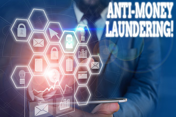 Writing note showing Anti Money Laundering. Business concept for regulations stop generating income through illegal actions Picture photo network scheme with modern smart device