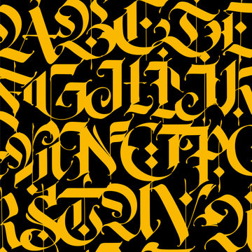 Pattern, ornament in the Gothic style. Alphabet. Symbols are yellow on a black background. Calligraphy and lettering. Medieval latin letters. Graphic elements. Elegant pattern for a tattoo.