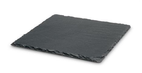 Empty black slate plate isolated on white