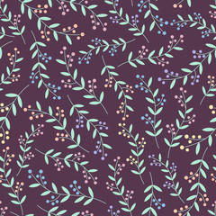 Vector seamless pattern of berries and vines on a dark background. Great for garden themed backgrounds, kitchen and home decor, fabric, gift wrap, notebook covers.