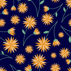 Fototapeta na wymiar Vector seamless pattern of large yellow flowers on a navy background. Great for textiles, gardening products, children's textiles.